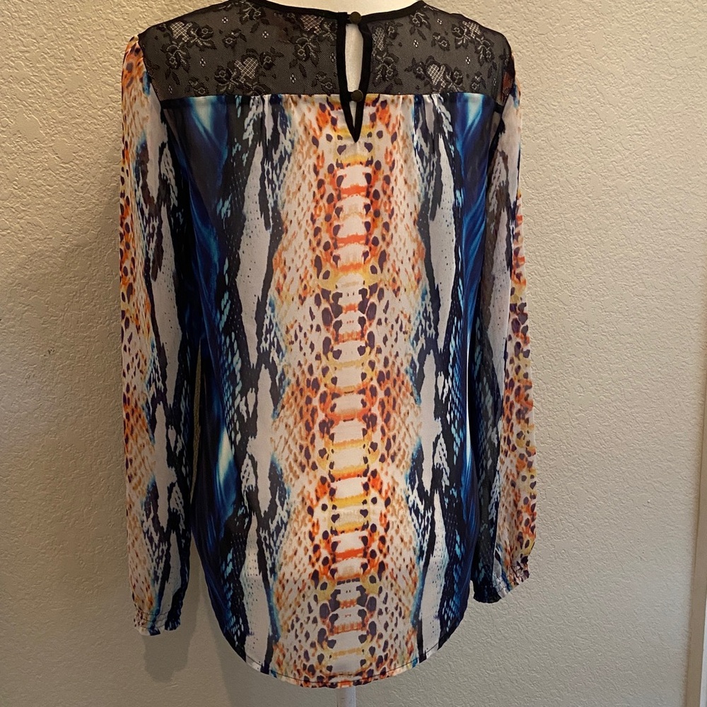 Philosophy Blouse in Vibrant Color Snake Print, accented with Black Lace on back - Picture 7 of 11